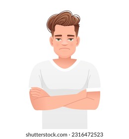 A disgruntled white man in a white T-shirt stands with his arms crossed. The sad guy is disappointed in something. Vector cartoon illustration on a white background.