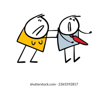 Disgruntled wife pushes her lazy husband to work in the office. Vector illustration of a sad businessman rests, resists, does not want to go to the boss. Doodle character isolated on white background.