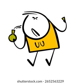 Disgruntled woman wrinkled her nose, closed her eyes from strong and unpleasant smell of perfume. Vector cartoon illustration   poor girl opened  bottle, holds glass stopper, suffers from  stench.