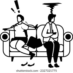 Disgruntled young couple turning their backs on each other while sitting concept, Relationship Problem vector icon design, Mood and feeling symbol, Emotional Characters sign, Social issues scene stock