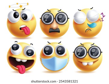 Disfarce conjunto de caracteres de vetor emoji. Emojis personagem clip art em tonto, velho homem, espirros, impertinente, doente e engraçado emoticons amarelos expressões faciais. Conjunto de coleção de disfarces de ilustração de vetor.
