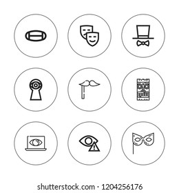 Disguise icon set. collection of 9 outline disguise icons with costume, mask, masks, masquerade, spy icons. editable icons.