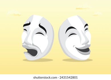 Disguise mask face with one happy smiling and other sad and sorrowful.es, bipolar disorder, multi personality or emotional intelligence, change feeling or mood, anxiety disease or depression (Vector)