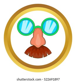 Disguise mask vector icon in golden circle, cartoon style isolated on white background