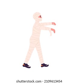 Disguised child walking in Halloween mummy costume. Boy dressed in carnival zombie clothes going. Kid wrapped in bandage for horror party. Flat vector illustration isolated on white background
