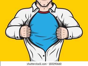 Disguised comic book superhero adult man under cover opening his shirt template vector illustration