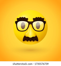 Disguised face emoji - emoticon with a yellow face, big glasses, a large nose, thick eyebrows, and a mustache - used to represent someone in disguise