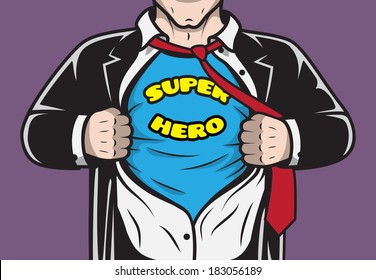 Disguised hidden comic book superhero businessman tearing his shirt concept vector illustration