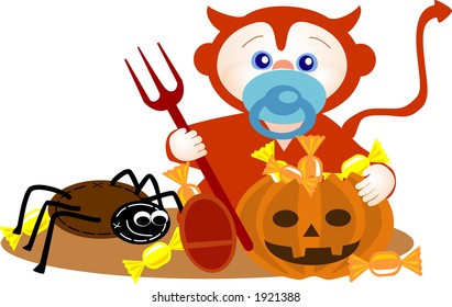 disguised small boy of devil for halloween with their treats