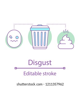 Disgust concept icon. Dislike idea thin line illustration. Disapproval. Turd, garbage bin, disgusted emoji. Vector isolated outline drawing. Editable stroke