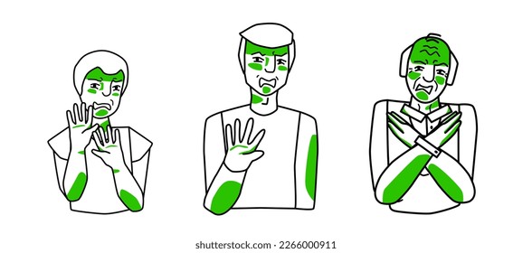 Disgust emotion male set. Young, adult and old men with a disgusted mood, negative reaction, cover themself with hands. Line art drawing human characters with green spots.