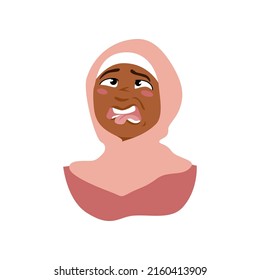 Disgust Face Expression. Vector Portrait Of African American Woman With Nasty Emotion. Cartoon Character Of Muslim Girl With Yuck Face.