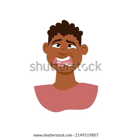 Disgust face expression. Vector portrait of African American boy with nasty emotion. Cartoon character with yuck face. 