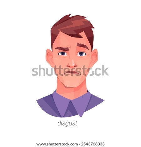 Disgust facial expression of man with strong disapproval or discontent. Vector isolated flat cartoon character showing emotion of revulsion or repugnance in reaction on unpleasant or offensive