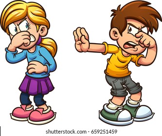 Disgusted cartoon boy and girl. Vector clip art illustration with simple gradients. Each on a separate layer.