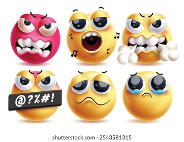 Disgusted emoji vector characters set. Emojis character collection like angry, singing, disgust, furious, disappointed and sad faces yellow clip art graphic design. Vector illustration disgust emoji 