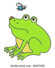 Disgusted frog waiting for fly. Funny cartoon illustration.