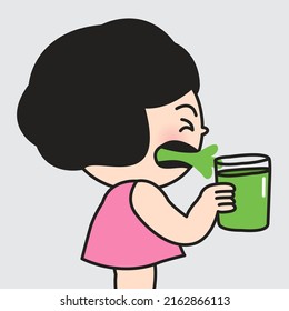 Disgusted Girl Is Vomiting From Tasting A Vegetable Juice With Bad Flavor Concept Card Character Illustration