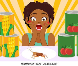 Disgusted screaming black woman discovering ugly living cockroach on pantry shelf