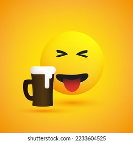 Disgusted Spitting Emoji, Hating the Taste of the Frothy Alcoholic Drink - Simple Emoticon with Stuck Out Tongue and Beer Mug - Vector Design for Web and Online Apps on Yellow Background