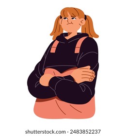 Disgusted teenager crosses hands and rolls her eyes. Offended girl with dissatisfied facial expression. Displeased person with upset emotions. Flat isolated vector illustration on white background