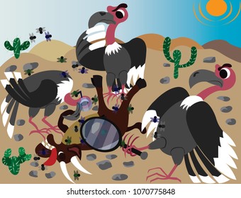 Disgusted Vultures Stand to Inspect a Carcass