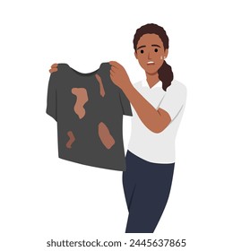 Disgusted young woman with smelly worn clothes. Flat vector illustration isolated on white background