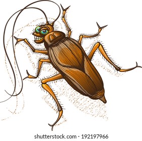 Disgusting brown cockroach with blue eyes and long antennae while stopping crawling to turn its head, stare at you and grin mischievously