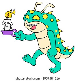 Disgusting caterpillar insect monsters walk carrying burning candles for lighting, vector illustration art. doodle icon image kawaii.