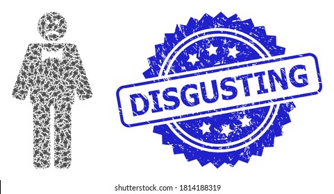 Disgusting corroded stamp seal and vector recursion collage sad man. Blue stamp seal has Disgusting caption inside rosette. Vector mosaic is designed with recursive rotated sad man icons.