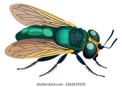 disgusting dung fly. green winged insect. flat vector illustration.