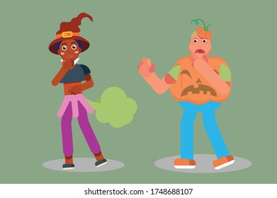 Disgusting Halloween witch and pumpkin boy, character set.