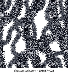 Disgusting horror art and nightmare seamless pattern, vector background. Tangled branches or roots stylish endless illustration. Usable for fabric, wallpaper, wrapping, web and print.