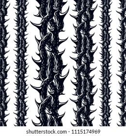 Disgusting Horror Art And Nightmare Seamless Pattern, Vector Background. Blackthorn Branches With Thorns Stylish Endless Illustration. Hard Rock And Heavy Metal Subculture