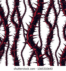 Disgusting horror art and nightmare seamless pattern, vector background. Blackthorn branches with thorns stylish endless illustration. Usable for fabric, wallpaper, wrapping, web and print.