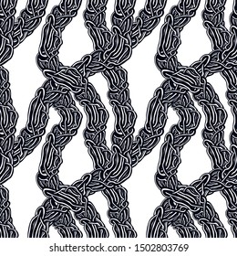 Disgusting horror art and nightmare seamless pattern, vector background. Tangled roots or gut biological life form weird endless illustration. Usable for fabric, wallpaper, wrapping, web and print.