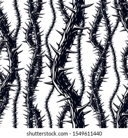 Disgusting horror art and nightmare seamless pattern, vector background. Blackthorn branches with thorns stylish endless illustration.