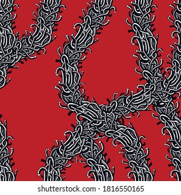 Disgusting horror art and nightmare seamless pattern, vector background. Tangled branches or roots stylish endless illustration. Usable for fabric, wallpaper, wrapping, web and print.