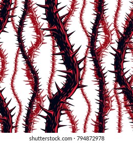 Disgusting horror art and nightmare seamless pattern, vector background. Blackthorn branches with thorns stylish endless illustration. Hard Rock and Heavy 