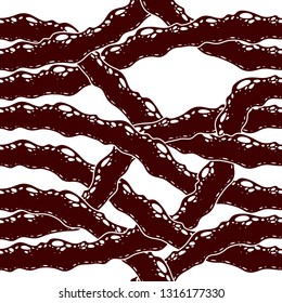 Disgusting horror and nightmare seamless pattern, vector background. Tangled roots or gut biological life form weird endless illustration. 