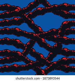 Disgusting horror and nightmare seamless pattern, vector background. Tangled roots or gut biological life form weird endless illustration. Usable for fabric, wallpaper, wrapping, web and print.
