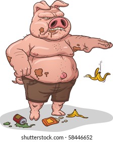 Disgusting pig littering. Vector illustration with simple gradients. Character, trash and shadow in separate layers for easy editing.