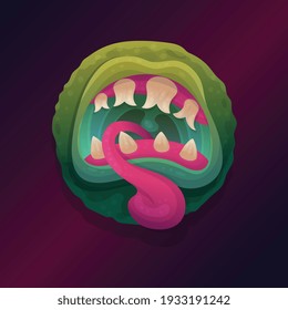 Disgusting spooky open monster mouth with crooked teeth and long tongue, cartoon flat vector illustration isolated on dark purple background. Monster beast mouth.