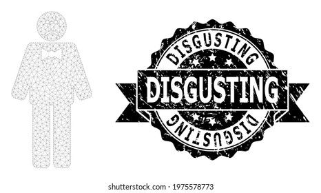 Disgusting unclean stamp and vector sad man mesh model. Black stamp seal includes Disgusting tag inside ribbon and rosette. Abstract flat mesh sad man, created from flat mesh.