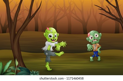 Disgusting zombies walking teorrorizing in the forest