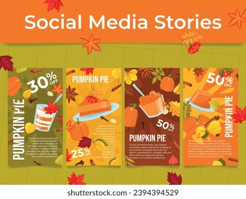 Dish of autumn Thanksgiving Day pumpkin pie sale discount social media stories set vector illustration. Fall menu cafe restaurant seasonal food special offer marketing advertising promo announce