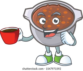 dish baked beans with cartoon drinking in cup mascot