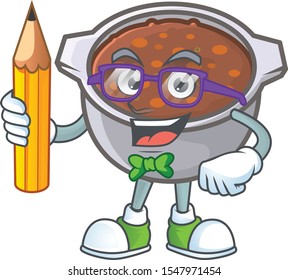 dish baked beans with cartoon student holding pencil mascot