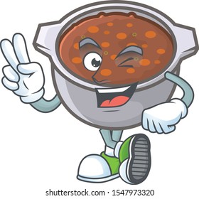 dish baked beans with cartoon two finger mascot