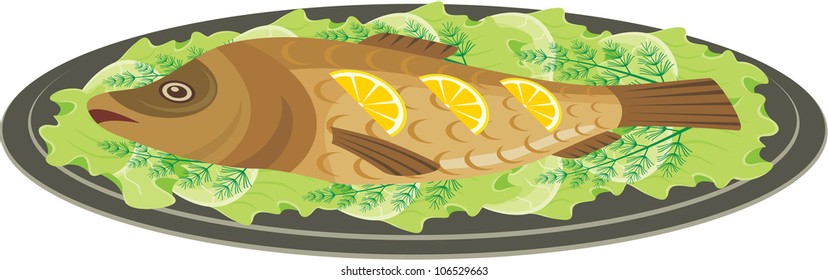 Dish with the baked fish. vector